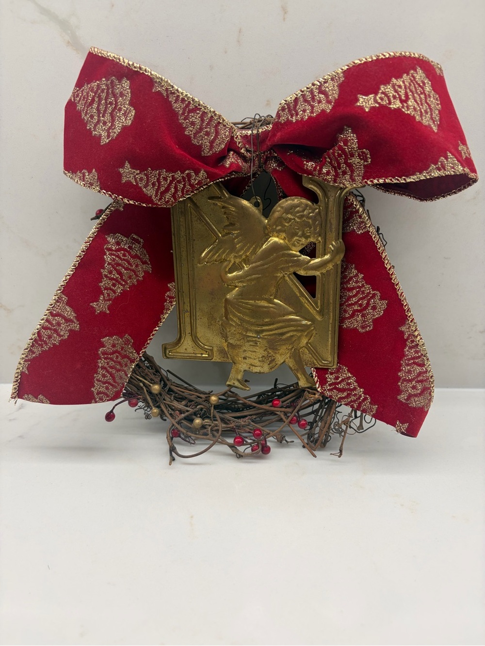 Vintage Festive Red & Gold Angel Grapevine Wreath Department 56 Brass N Initial